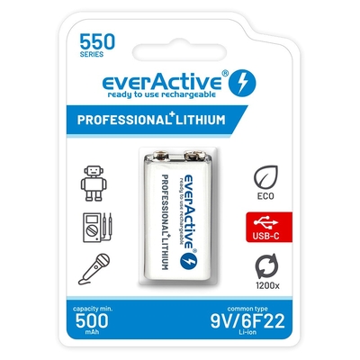Product Επαναφορτιζόμενη Μπαταρίες Everactive 6F22/9V Li-ion 550 mAh with USB TYPE C base image