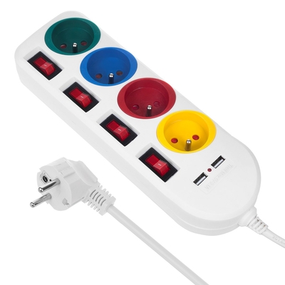 Product Πολύπριζο Maclean 4 sockets + 2xUSB, 250VAC/10A, 2.1A 5V, 1.5m, White, MCE229 W base image