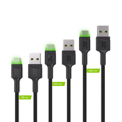 Product Καλώδιο USB Green Cell Set 3x GC Ray USB-C 30cm, 120cm, 200cm with green LED fast charging UC, QC 3.0 base image