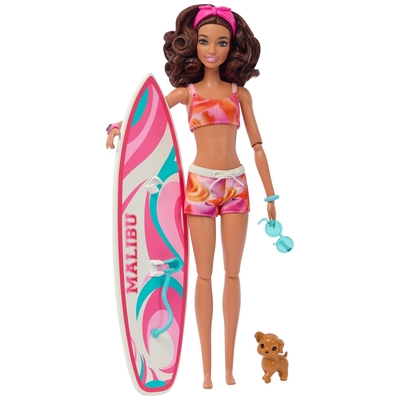Product Κούκλα Barbie Doll with Surfboard and Puppy, Poseable Brunette Beach base image