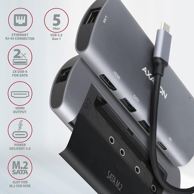 Product USB Hub Axagon I/O USB-C 6In1 Sata M.2/0.18M Hmc-6M2 base image