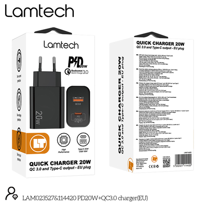 Product Φορτιστής Πρίζας Lamtech Usb Qc3.0/Type-C 20w Black base image