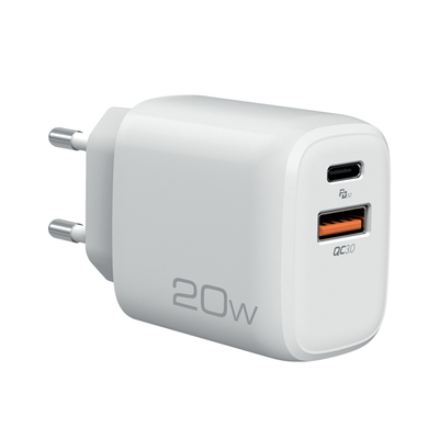Product Φορτιστής Πρίζας Nod Universal USB-A QC3.0 & USB-C PD3.0 20W, σε λευκό χρώμα. base image