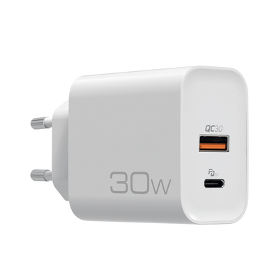 Product Φορτιστής Πρίζας Nod Universal USB-A QC3.0 & USB-C PD3.0 30W, σε λευκό χρώμα. base image