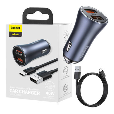 Product Φορτιστής Αυτοκινήτου Baseus Golden Contactor Pro 2x USB, 40W + USB to USB-C 1m (gray) base image