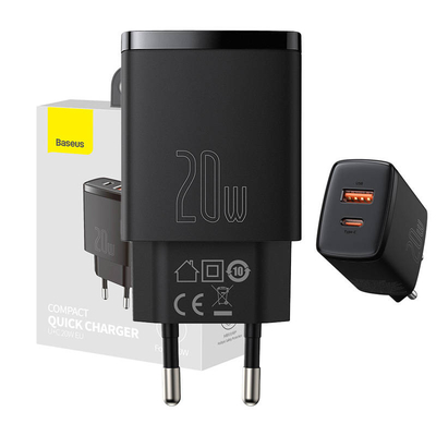 Product Φορτιστής Πρίζας Baseus Compact Quick USB, USB-C 20W (Μαύρο) base image