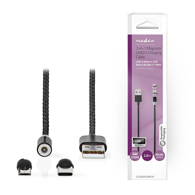 Product Καλώδιo USB Nedis Braided / Magnetic to Type-C / micro USB Black 2m (CCGB60630BK20) base image