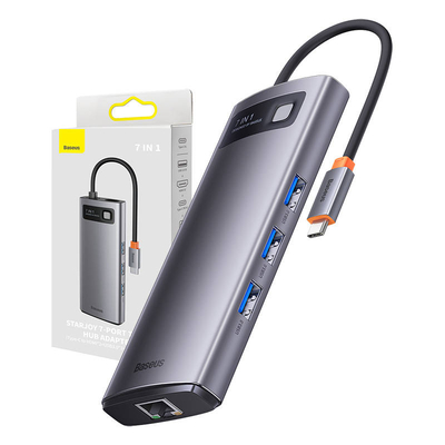 Product USB Hub 7in1 Baseus Metal Gleam Series USB-C to 3x USB 3.0 + 2x HDMI + USB-C PD + Ethernet RJ45 base image