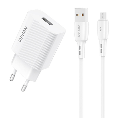 Product Φορτιστής Πρίζας Vipfan E01, 1x USB, 2.4A + Micro USB cable (white) base image