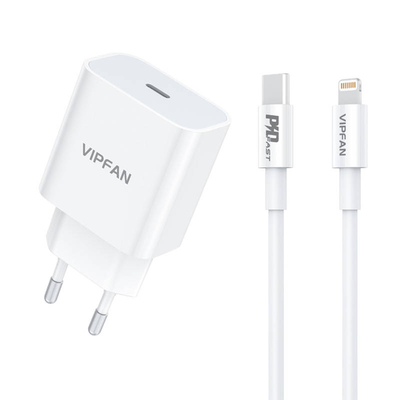 Product Φορτιστής Πρίζας Vipfan E04, USB-C, 20W, QC 3.0 + Lightning cable (white) base image