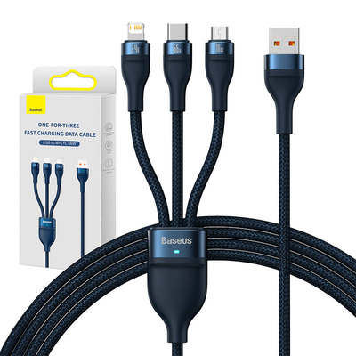 Product Καλώδιo USB 3in1 Baseus USB 3in1 Baseus Flash Series, USB-C + Micro + Lightning 66W, 1.2m (blue) base image