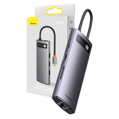 Product USB Hub 8in1 Baseus StarJoy Series USB-C to 3x USB 3.1 + HDMI + USB-C PD + RJ45 + microSD/SD base image