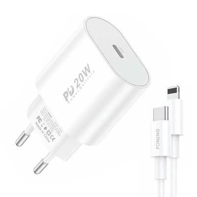 Product Φορτιστής Πρίζας Fast Foneng 1x USB PD 3.0 EU39 + USB C to Lightning base image