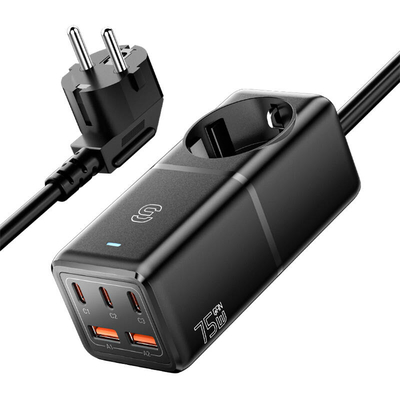Product Φορτιστής Πρίζας Essager ECTAC-BRB01-Z, GaN, 3xUSB-C, 2xUSB-A, Gniazdko AC, 75W (Black) base image