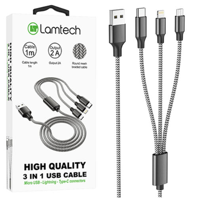Product Καλώδιo USB Lamtech HIGH QUALITY 3 IN 1 With METALLIC SHELL Black 1M base image