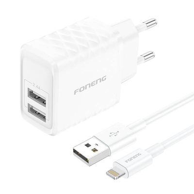 Product Φορτιστής Πρίζας Foneng EU53 2xUSB-A, 2.4A (White) + USB-A toLightning cable base image