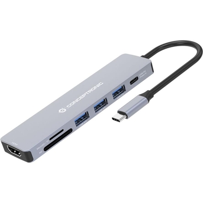 Product Docking Station Conceptronic USB-C->HDMI,USB3.0,100WPD 7-in-1 0.25m(Grey) base image