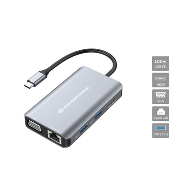 Product Docking Station Conceptronic USB-C->HDMI,VGA,GbE,3xUSB3.0,100WPD 0.25m base image