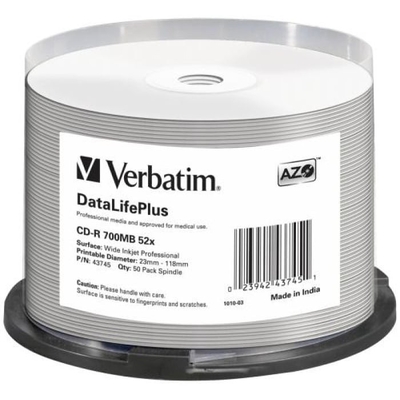 Product CD-R Verbatim 700MB 50pcs Spindel DL+ White Printable base image