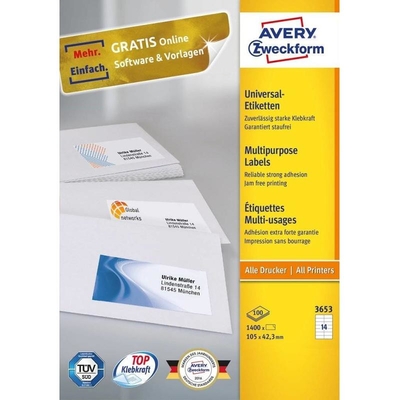 Product Αυτοκόλλητες Ετικέτες Avery 105 x 42,3mm, A4 (3653) base image