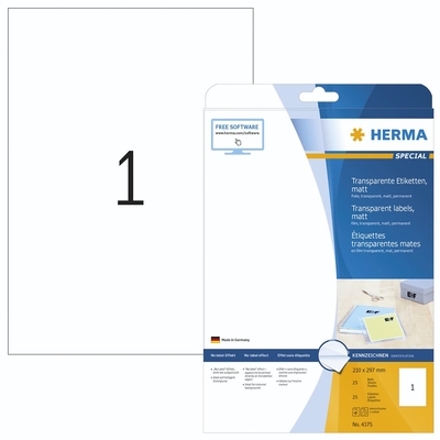 Product Αυτοκόλλητες Ετικέτες Herma Transparent 210X297 25 Sheets DIN A4 25 pcs. 4375 base image