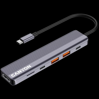 Product USB Hub Canyon USB-6-in1 USB-C > HDMI/2xUSB-A/SD/1xUSB-C 100W retail base image
