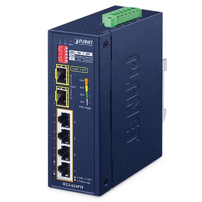 Product Network Switch Planet Industrial 4-Port 100TX+2-Port 100TX SFP IFGS-624PTF base image