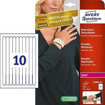 Product Βραχιολάκια Ταυτοποίησης Avery A4, 10 φύλλα, 265 x 18 mm, πολυεστερικά λευκά base image