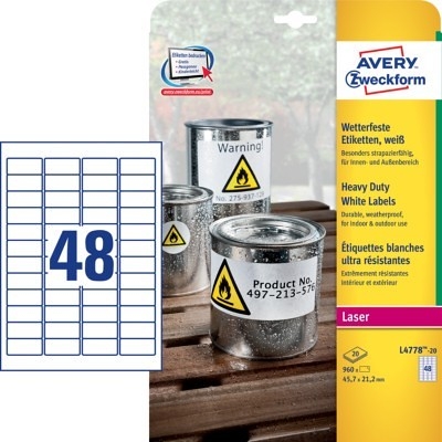 Product Αυτοκόλλητες Ετικέτες Avery Heavy Duty A4 45,7 x 21,2 mm base image