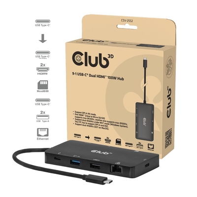 Product Docking Station Club 3D USB-C 9in1 >2xHDMI/2xUSB/USB-C/LAN 4K60Hz PD100W base image