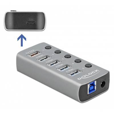 Product USB Hub DeLOCK 5x + 1x Type-C PD με διακόπτες 63263, 5Gbps, 2.4A, γκρι base image