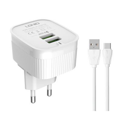 Product Φορτιστής Πρίζας Ldnio A201 με Καλώδιo Type-C, 2x USB, 12W, λευκός base image