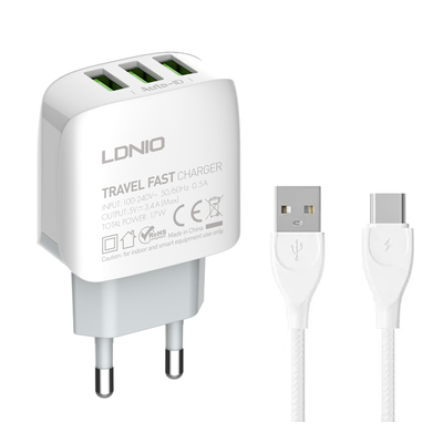 Product Φορτιστής Πρίζας Ldnio A3312 με Καλώδιo Type-C, 3x USB, 17W, λευκός base image