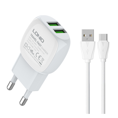 Product Φορτιστής Πρίζας Ldnio A2218 με Καλώδιo Type-C, 2x USB, 12W, λευκός base image