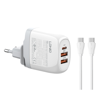 Product Φορτιστής Πρίζας Ldnio A3511Q με Καλώδιo, Type-C/2x USB, 65W, GaN, λευκός base image