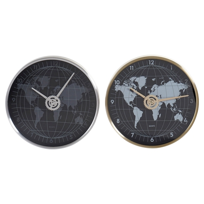 Product Ρολόι Τοίχου DKD Home Decor Μαύρο Αλουμίνιο Κρυστάλλινο Χρυσό Ασημί Παγκόσμιος Χάρτης (2 pcs) (30 x 4.3 x 30 cm) base image