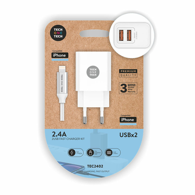 Product Φορτιστής Πρίζας +Καλώδιο Lightning MFI Tech One Tech TEC2402 Διπλή Lightning base image