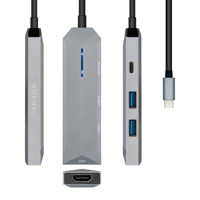 Product USB Hub Aisens USB-C dock 4 en 1, USB-C a 1xHDMI, 2xUSB, 1xPD, Gris, 15 cm base image