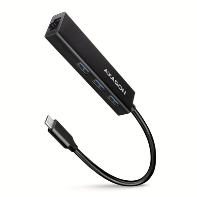 Product USB Hub Axagon Network Card Hmc-Gl3a 3x Usb-A + Glan, Usb 3.2 Gen 1 , Metal, 20cm Usb-C Cable base image