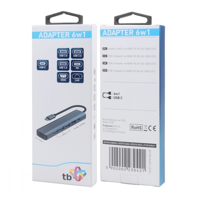 Product USB Hub Tb Usb C 6in1 - Hdmi, Usbx3, Pd, Rj-45 base image