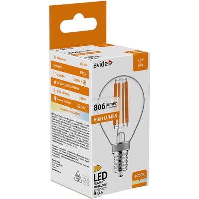 Product Λάμπα LED Avide Σφαιρική 6.5W E14 Λευκό 4000K Υψηλής Φωτεινότητας base image