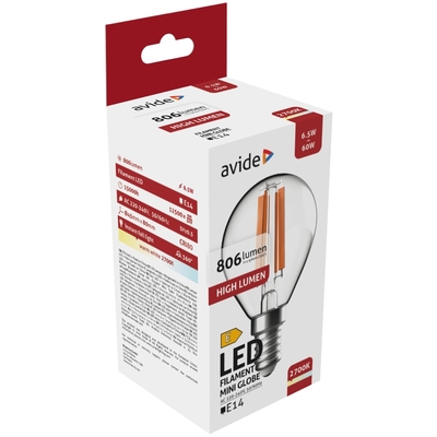 Product Λάμπα LED Avide Σφαιρική 6.5W E14 Θερμό 2700K Υψηλής Φωτεινότητας base image