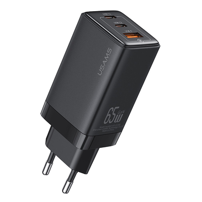 Product Φορτιστής Πρίζας Usams US-CC180, USB & 2x USB-C, 65W PD, GaN, μαύρος base image