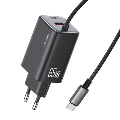 Product Φορτιστής Πρίζας Usams CC266 με Καλώδιο, USB & USB-C, 65W, GaN, Μαύρος base image
