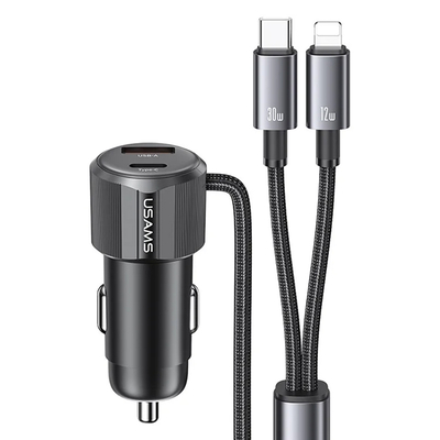 Product Φορτιστής Αυτοκινήτου Usams CC287 με 2 σε 1 Καλώδιο, Usb/USB-C Θύρες, 66W, Μαύρος base image