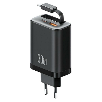 Product Φορτιστής Τοίχου Usams CC296 με Καλώδιο, USB & USB-C, 30W, Μαύρος base image