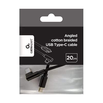 Product Καλώδιο USB Cablexpert Angled BRAIDED USB-C MALE-MALE CHARGING & DATA 0.2M Black base image