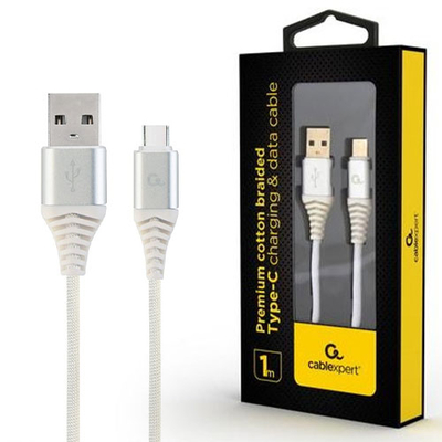 Product Καλώδιo USB Cablexpert PREMIUM COTTON BRAIDED Type-C 1M SILVER/WHITE base image