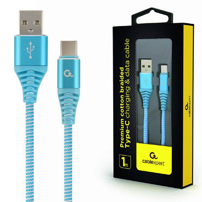 Product Καλώδιo USB Cablexpert PREMIUM COTTON BRAIDED Type-C 1M TURQUOISE/WHITE base image