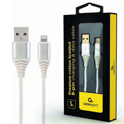 Product Καλώδιo USB Cablexpert PREMIUM COTTON BRAIDED Lightning 1M SILVER/WHITE base image
